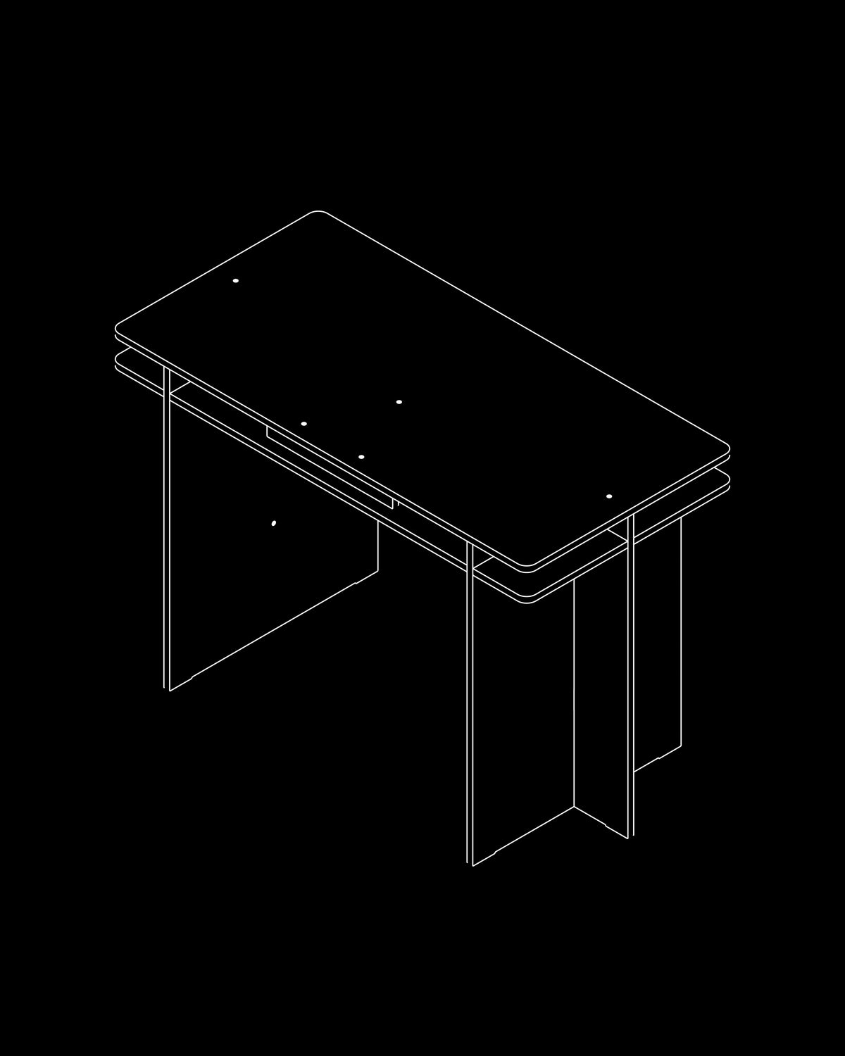 Frame Desk assembled — white line drawing on a black background